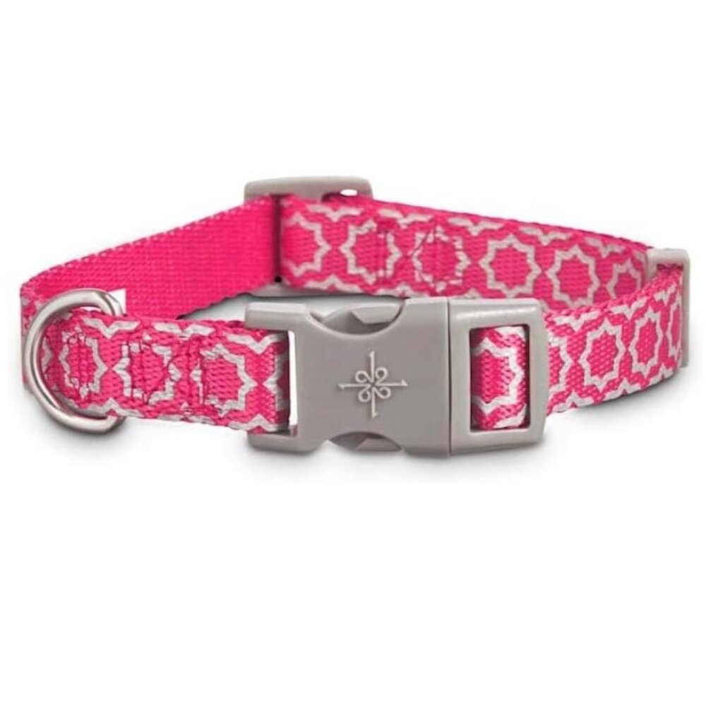 Dog Collar: Adjustable Reflective Pink Starburst, Medium